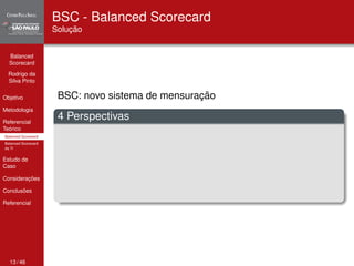 Balanced 
Scorecard 
Rodrigo da 
Silva Pinto 
Objetivo 
Metodologia 
Referencial 
Teórico 
Balanced Scorecard 
Balanced Scorecard 
da TI 
Estudo de 
Caso 
Considerações 
Conclusões 
Referencial 
BSC - Balanced Scorecard 
Solução 
BSC: novo sistema de mensuração 
4 Perspectivas 
13 / 46 
 