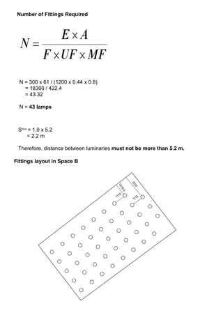 Number of Fittings Required
N = 300 x 61 / (1200 x 0.44 x 0.8)
= 18300 / 422.4
= 43.32
N = 43 lamps
SMax
= 1.0 x 5.2
= 2.2 m
Therefore, distance between luminaries must not be more than 5.2 m.
Fittings layout in Space B
11151115
1018.5
2037
 