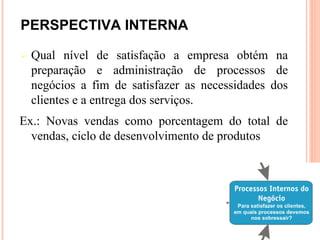 PERSPECTIVA INTERNA

   Qual nível de satisfação a empresa obtém na
    preparação e administração de processos de
    negócios a fim de satisfazer as necessidades dos
    clientes e a entrega dos serviços.
Ex.: Novas vendas como porcentagem do total de
  vendas, ciclo de desenvolvimento de produtos
 