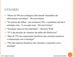 CENÁRIO
        “Menos de 10% das estratégias efetivamente formuladas são
         efetivamente executadas” – Revista Fortune
        “Na maioria das falhas – nós estimamos 70% - o problema real não é
         estratégia ruim... É execução ruim. – Revista Fortune”.
        “Estratégia nunca foi tão importante” – Business Week
        “35 % das decisões de valuation são dados não financeiros”
        “Mais de 75% das organizações brasileiras não vinculam incentivos
         e remuneração com a estratégia”
        “78% das empresas brasileiras não vinculam o orçamento com a
         estratégia”



Prof. Wagner Gonsalez                                            Universidade Metodista
 