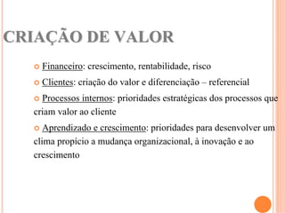 CRIAÇÃO DE VALOR
     Financeiro: crescimento, rentabilidade, risco
     Clientes: criação do valor e diferenciação – referencial
   Processos internos: prioridades estratégicas dos processos que
  criam valor ao cliente
    Aprendizado e crescimento: prioridades para desenvolver um
  clima propício a mudança organizacional, à inovação e ao
  crescimento
 