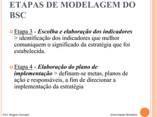 ETAPAS DE MODELAGEM DO
     BSC
      Etapa  3 - Escolha e elaboração dos indicadores
        > identificação dos indicadores que melhor
        comuniquem o significado da estratégia que foi
        estabelecida.

      Etapa  4 - Elaboração do plano de
        implementação > definam-se metas, planos de
        ação e responsáveis, a fim de direcionar a
        implementação da estratégia



Prof. Wagner Gonsalez                        Universidade Metodista
 