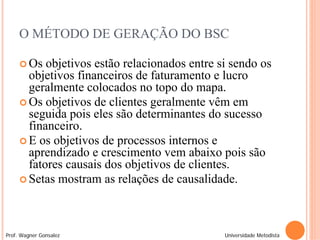 O MÉTODO DE GERAÇÃO DO BSC

      Os  objetivos estão relacionados entre si sendo os
       objetivos financeiros de faturamento e lucro
       geralmente colocados no topo do mapa.
      Os objetivos de clientes geralmente vêm em
       seguida pois eles são determinantes do sucesso
       financeiro.
      E os objetivos de processos internos e
       aprendizado e crescimento vem abaixo pois são
       fatores causais dos objetivos de clientes.
      Setas mostram as relações de causalidade.




Prof. Wagner Gonsalez                          Universidade Metodista
 