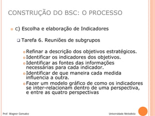 CONSTRUÇÃO DO BSC: O PROCESSO

         C)   Escolha e elaboração de Indicadores

              Tarefa 6. Reuniões de subgrupos

                 Refinar a descrição dos objetivos estratégicos.
                 Identificar os indicadores dos objetivos.

                 Identificar as fontes das informações
                  necessárias para cada indicador.
                 Identificar de que maneira cada medida
                  influencia a outra.
                 Fazer um modelo gráfico de como os indicadores
                  se inter-relacionam dentro de uma perspectiva,
                  e entre as quatro perspectivas



Prof. Wagner Gonsalez                                Universidade Metodista
 