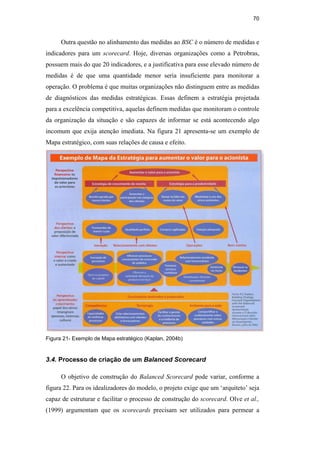 70
Outra questão no alinhamento das medidas ao BSC é o número de medidas e
indicadores para um scorecard. Hoje, diversas organizações como a Petrobras,
possuem mais do que 20 indicadores, e a justificativa para esse elevado número de
medidas é de que uma quantidade menor seria insuficiente para monitorar a
operação. O problema é que muitas organizações não distinguem entre as medidas
de diagnósticos das medidas estratégicas. Essas definem a estratégia projetada
para a excelência competitiva, aquelas definem medidas que monitoram o controle
da organização da situação e são capazes de informar se está acontecendo algo
incomum que exija atenção imediata. Na figura 21 apresenta-se um exemplo de
Mapa estratégico, com suas relações de causa e efeito.
Figura 21- Exemplo de Mapa estratégico (Kaplan, 2004b)
3.4. Processo de criação de um Balanced Scorecard
O objetivo de construção do Balanced Scorecard pode variar, conforme a
figura 22. Para os idealizadores do modelo, o projeto exige que um ‘arquiteto’ seja
capaz de estruturar e facilitar o processo de construção do scorecard. Olve et al.,
(1999) argumentam que os scorecards precisam ser utilizados para permear a
PUC-Rio
-
Certificação
Digital
Nº
0412264/CA
 