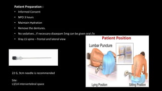 Patient Preparation :
• Informed Consent
• NPO 3 hours
• Maintain Hydration
• Remove the dentures.
• No sedatives , if necessary diazepam 5mg can be given oral /iv
• Xray LS spine – frontal and lateral view
22 G, 9cm needle is recommended
Site:
L3/L4 intervertebral space
 