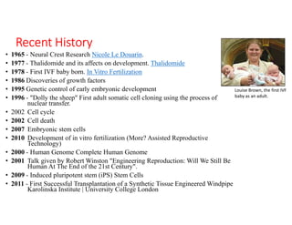 Recent History
• 1965 - Neural Crest Research Nicole Le Douarin.
• 1977 - Thalidomide and its affects on development. Thalidomide
• 1978 - First IVF baby born. In Vitro Fertilization
• 1986 Discoveries of growth factors
• 1995 Genetic control of early embryonic development
• 1996 - "Dolly the sheep" First adult somatic cell cloning using the process of
nuclear transfer.
• 2002 Cell cycle
• 2002 Cell death
• 2007 Embryonic stem cells
• 2010 Development of in vitro fertilization (More? Assisted Reproductive
Technology)
• 2000 - Human Genome Complete Human Genome
• 2001 Talk given by Robert Winston "Engineering Reproduction: Will We Still Be
Human At The End of the 21st Century".
• 2009 - Induced pluripotent stem (iPS) Stem Cells
• 2011 - First Successful Transplantation of a Synthetic Tissue Engineered Windpipe
Karolinska Institute | University College London
Louise Brown, the first IVF
baby as an adult.
 