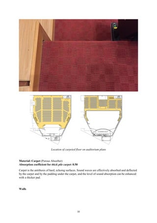 10
Location of carpeted floor on auditorium plans
Material: Carpet (Porous Absorber)
Absorption coefficient for thick pile carpet: 0.50
Carpet is the antithesis of hard, echoing surfaces. Sound waves are effectively absorbed and deflected
by the carpet and by the padding under the carpet, and the level of sound absorption can be enhanced
with a thicker pad.
Walls
 
