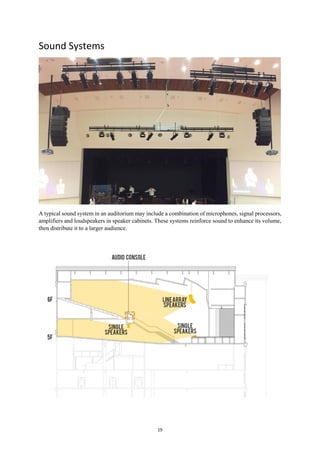 19
Sound Systems
A typical sound system in an auditorium may include a combination of microphones, signal processors,
amplifiers and loudspeakers in speaker cabinets. These systems reinforce sound to enhance its volume,
then distribute it to a larger audience.
 