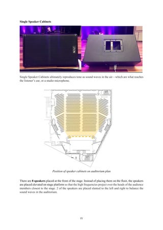 21
Single Speaker Cabinets
Single Speaker Cabinets ultimately reproduces tone as sound waves in the air—which are what reaches
the listener’s ear, or a studio microphone.
Position of speaker cabinets on auditorium plan
There are 8 speakers placed at the front of the stage. Instead of placing them on the floor, the speakers
are placed elevated on stage platform so that the high frequencies project over the heads of the audience
members closest to the stage. 2 of the speakers are placed slanted to the left and right to balance the
sound waves in the auditorium.
 