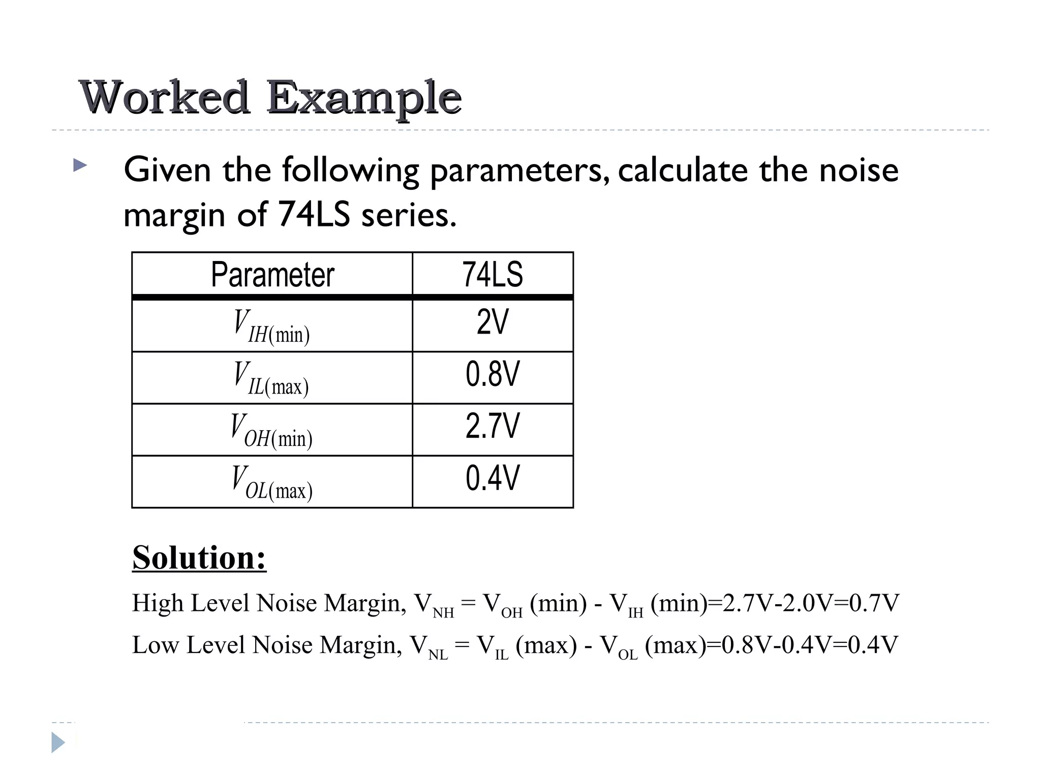 Worked ExampleWorked Example
 Given the following parameters, calculate the noise
margin of 74LS series.
Parameter 74LS
VIH(min) 2V
VIL(max) 0.8V
VOH(min) 2.7V
VOL(max) 0.4V
Solution:
High Level Noise Margin, VNH = VOH (min) - VIH (min)=2.7V-2.0V=0.7V
Low Level Noise Margin, VNL = VIL (max) - VOL (max)=0.8V-0.4V=0.4V
 