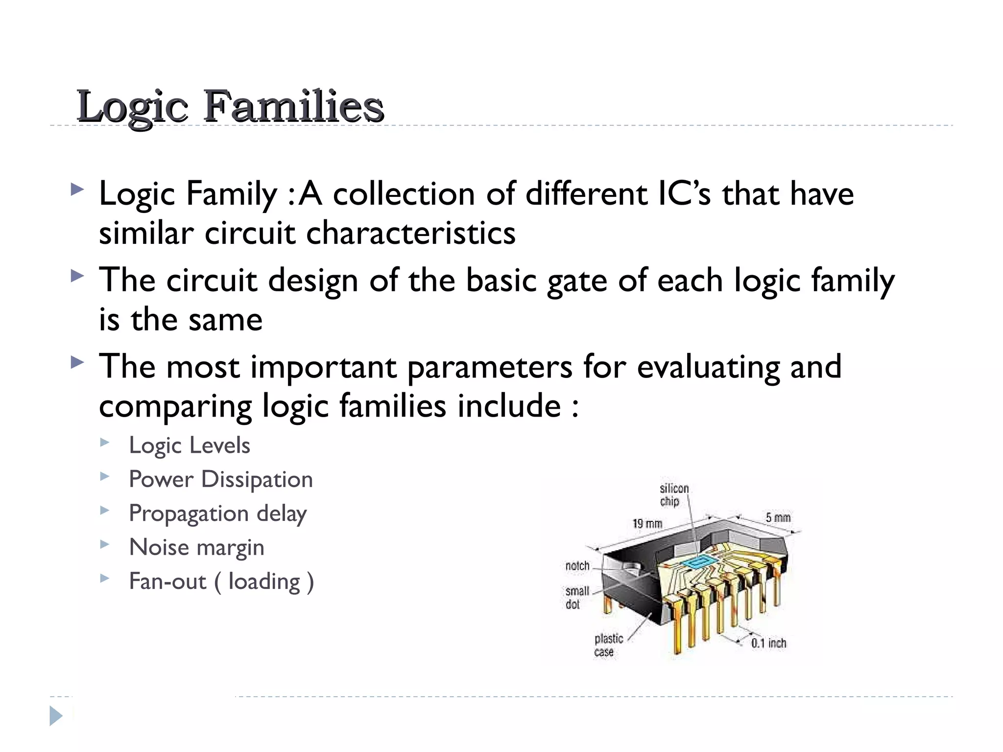 Logic FamiliesLogic Families
 Logic Family :A collection of different IC’s that have
similar circuit characteristics
 The circuit design of the basic gate of each logic family
is the same
 The most important parameters for evaluating and
comparing logic families include :
 Logic Levels
 Power Dissipation
 Propagation delay
 Noise margin
 Fan-out ( loading )
 
