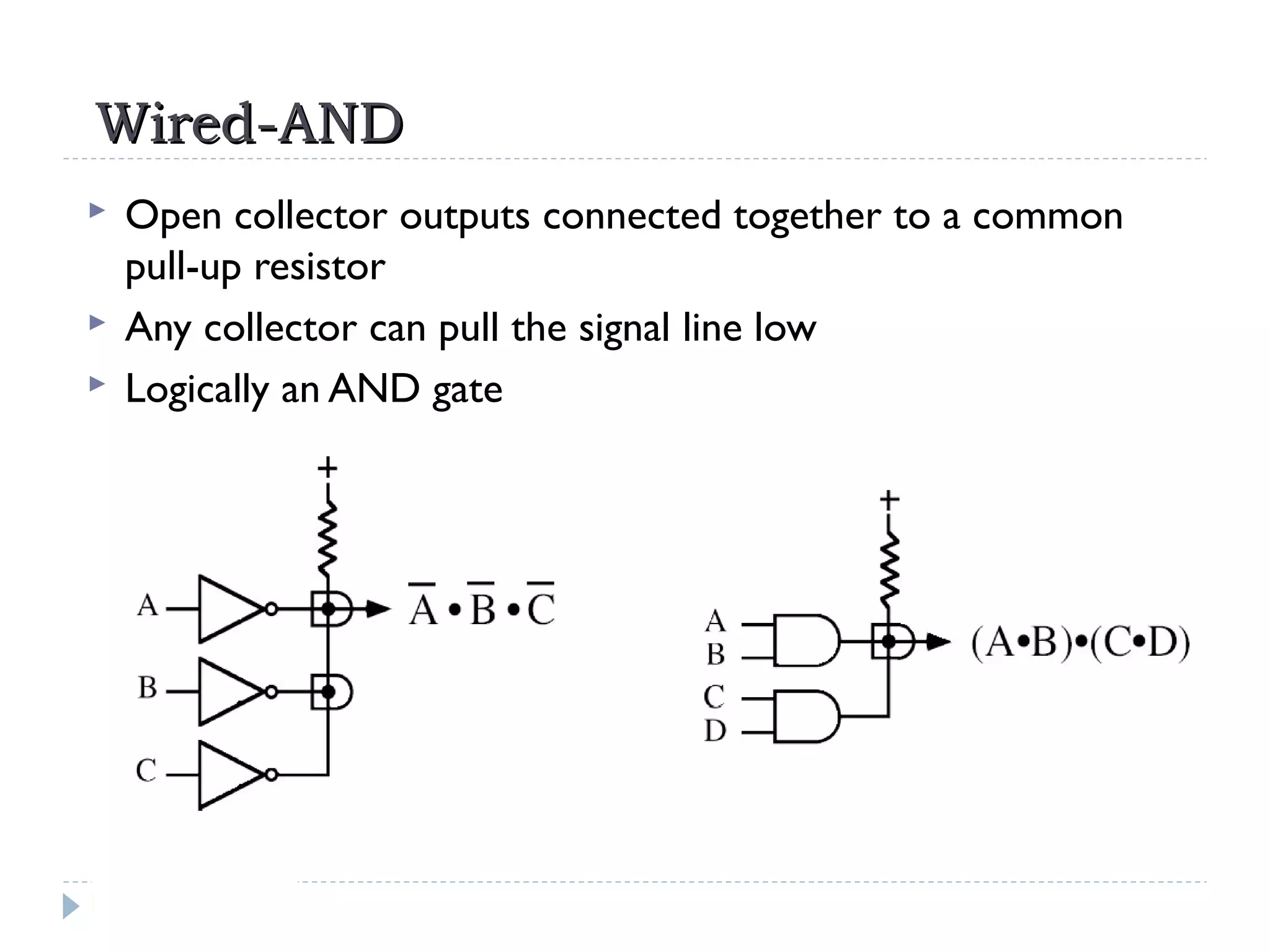 Wired-ANDWired-AND
 Open collector outputs connected together to a common
pull-up resistor
 Any collector can pull the signal line low
 Logically an AND gate
 