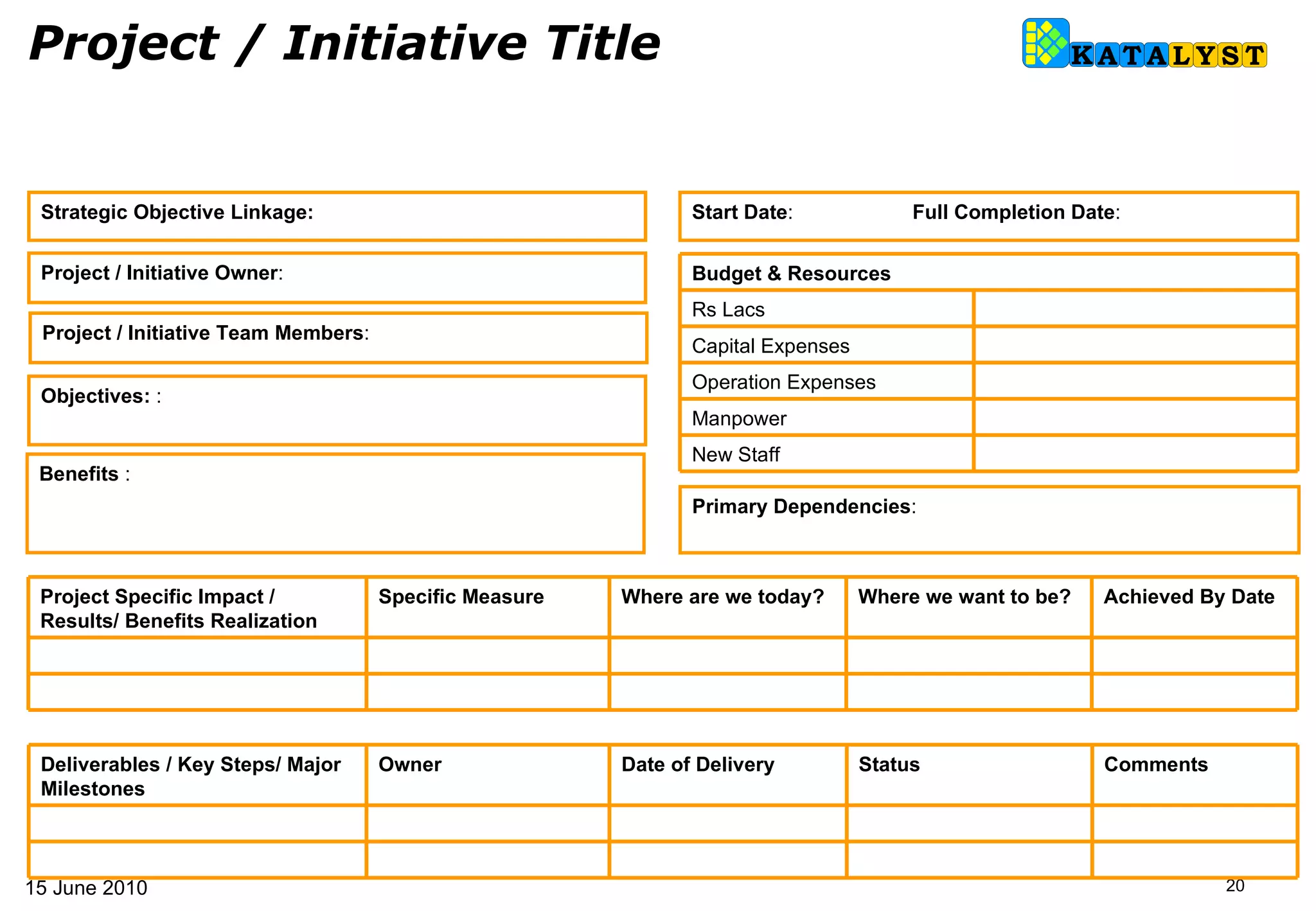 Strategic Objective Linkage: Project / Initiative Owner : Primary Dependencies : Benefits  : Objectives:   : Project / Initiative Title   Start Date :  Full Completion Date : Project / Initiative Team Members : New Staff Manpower Operation Expenses Capital Expenses Rs Lacs Budget & Resources Date of Delivery Comments Owner Status Deliverables / Key Steps/ Major Milestones Where are we today? Achieved By Date Specific Measure Where we want to be? Project Specific Impact / Results/ Benefits Realization 