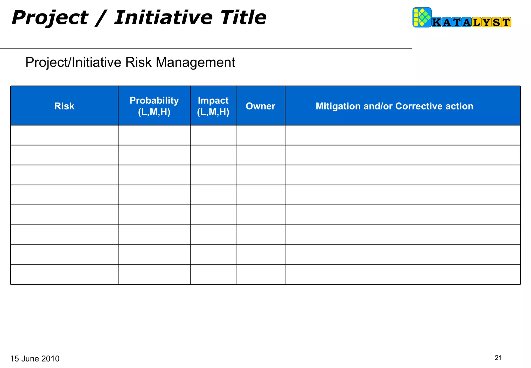 Project/Initiative Risk Management Project / Initiative Title   Owner Risk Probability (L,M,H) Impact (L,M,H) Mitigation and/or Corrective action  