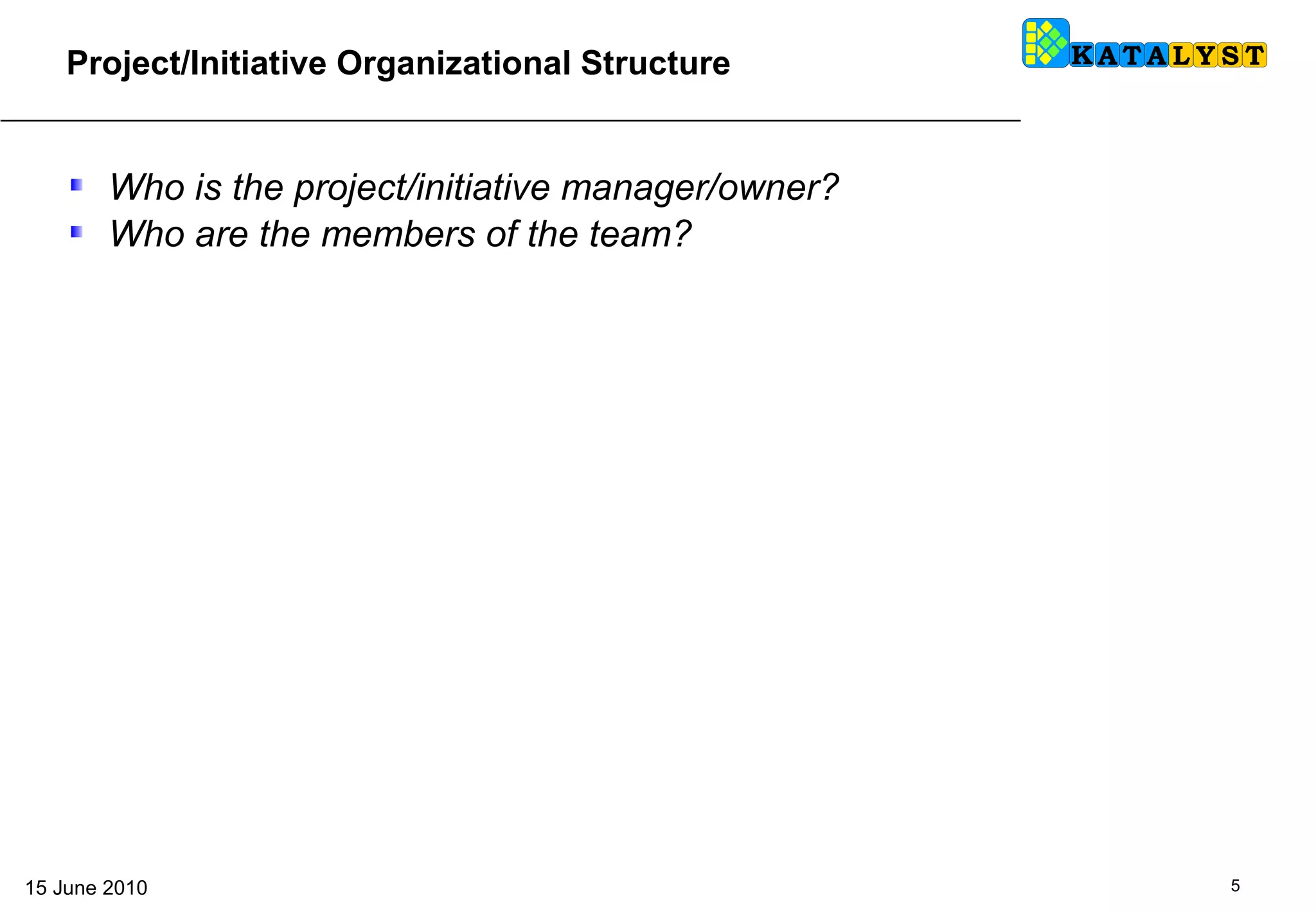 Who is the project/initiative manager/owner?  Who are the members of the team? Project/Initiative Organizational Structure 