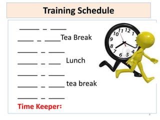 Training Schedule
_____ _ ____
____ _ ____Tea Break
_____ _ ____
_____ _ ___ Lunch
_____ _ ____
_____ _ ____ tea break
_____ _ ____
Time Keeper፡
4
 