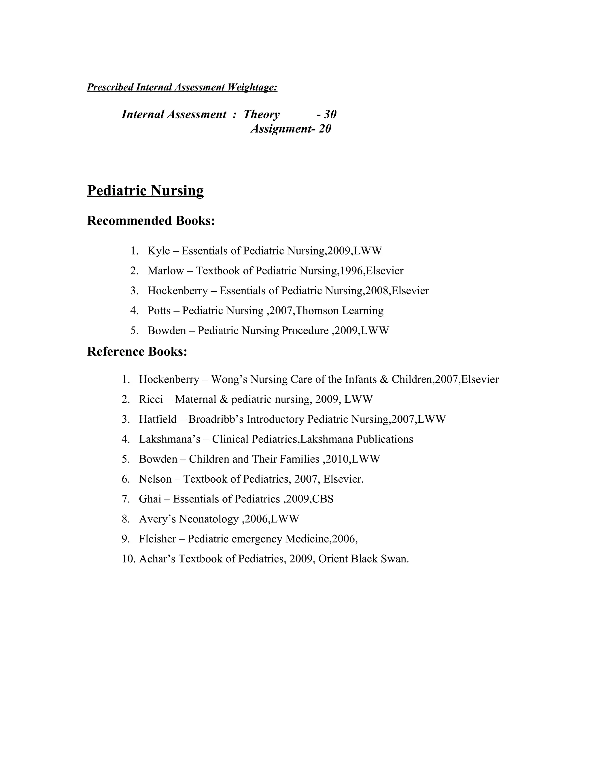 Prescribed Internal Assessment Weightage:
Internal Assessment : Theory - 30
Assignment- 20
Pediatric Nursing
Recommended Books:
1. Kyle – Essentials of Pediatric Nursing,2009,LWW
2. Marlow – Textbook of Pediatric Nursing,1996,Elsevier
3. Hockenberry – Essentials of Pediatric Nursing,2008,Elsevier
4. Potts – Pediatric Nursing ,2007,Thomson Learning
5. Bowden – Pediatric Nursing Procedure ,2009,LWW
Reference Books:
1. Hockenberry – Wong’s Nursing Care of the Infants & Children,2007,Elsevier
2. Ricci – Maternal & pediatric nursing, 2009, LWW
3. Hatfield – Broadribb’s Introductory Pediatric Nursing,2007,LWW
4. Lakshmana’s – Clinical Pediatrics,Lakshmana Publications
5. Bowden – Children and Their Families ,2010,LWW
6. Nelson – Textbook of Pediatrics, 2007, Elsevier.
7. Ghai – Essentials of Pediatrics ,2009,CBS
8. Avery’s Neonatology ,2006,LWW
9. Fleisher – Pediatric emergency Medicine,2006,
10. Achar’s Textbook of Pediatrics, 2009, Orient Black Swan.
 