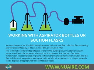 WORKING WITH ASPIRATOR BOTTLES OR 
SUCTION FLASKS 
Aspirator bottles or suction flasks should be connected to an overflow collection flask containing 
appropriate disinfectant, and to an in-line HEPA or equivalent filter. 
This combination will provide protection to the central building vacuum system or vacuum 
pump, as well as to the personnel who service this equipment. Inactivation of aspirated 
materials can be accomplished by placing sufficient chemical decontamination solution into the 
flask to kill the microorganisms as they are collected. Once inactivation occurs, liquid materials 
can be disposed of appropriately as noninfectious waste. 
WWW.NUAIRE.COM 
 