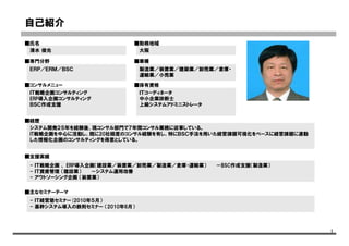 1
■氏名
■専門分野
■コンサルメニュー
■経歴
■支援実績
■主なセミナーテーマ
■勤務地域
■業種
■保有資格
自己紹介
システム開発２５年を経験後、現コンサル部門で７年間コンサル業務に従事している。
IT戦略企画を中心に活動し、既に20社程度のコンサル経験を有し、特にＢＳＣ手法を用いた経営課題可視化をベースに経営課題に連動
した情報化企画のコンサルティングを得意としている。
清水 俊光
ＥＲＰ／ＥＲＭ／ＢＳＣ
ＩＴ戦略企画コンサルティング
ERP導入企画コンサルティング
ＢＳＣ作成支援
大阪
製造業／装置業／建築業／卸売業／倉庫・
運輸業／小売業
ＩＴコーディネータ
中小企業診断士
上級システムアドミニストレータ
- ＩＴ戦略企画 、 ERP導入企画（建設業／装置業／卸売業／製造業／倉庫・運輸業） －BSC作成支援（製造業）
- ＩＴ資産管理 （建設業） －システム運用改善
- アウトソーシング企画 （装置業）
- ＩＴ経営塾セミナー(2010年５月）
- 基幹システム導入の鉄則セミナー （2010年6月）
 