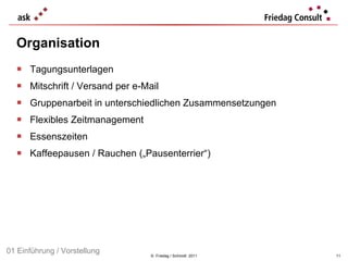 Tagungsunterlagen Mitschrift / Versand per e-Mail Gruppenarbeit in unterschiedlichen Zusammensetzungen Flexibles Zeitmanagement Essenszeiten Kaffeepausen / Rauchen („Pausenterrier“) Organisation ©  Friedag / Schmidt  2011 01 Einführung / Vorstellung 