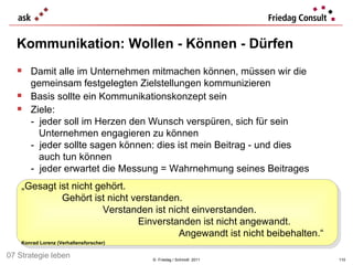 Kommunikation: Wollen - Können - Dürfen ©  Friedag / Schmidt  2011 Damit alle im Unternehmen mitmachen können, müssen wir die gemeinsam festgelegten Zielstellungen kommunizieren Basis sollte ein Kommunikationskonzept sein Ziele:  -  jeder soll im Herzen den Wunsch verspüren, sich für sein   Unternehmen engagieren zu können -  jeder sollte sagen können: dies ist mein Beitrag - und dies    auch tun können -  jeder erwartet die Messung = Wahrnehmung seines Beitrages 07 Strategie leben „ Gesagt ist nicht gehört.   Gehört ist nicht verstanden.   Verstanden ist nicht einverstanden.   Einverstanden ist nicht angewandt.   Angewandt ist nicht beibehalten.“ Konrad Lorenz (Verhaltensforscher) 