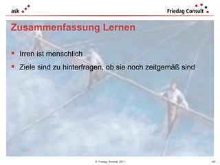 ©  Friedag / Schmidt  2011 Zusammenfassung Lernen Irren ist menschlich Ziele sind zu hinterfragen, ob sie noch zeitgemäß sind 