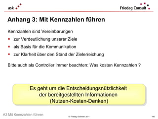 Kennzahlen sind Vereinbarungen zur Verdeutlichung unserer Ziele als Basis für die Kommunikation zur Klarheit über den Stand der Zielerreichung Bitte auch als Controller immer beachten: Was kosten Kennzahlen ?  Anhang 3: Mit Kennzahlen führen ©  Friedag / Schmidt  2011 Es geht um die Entscheidungsnützlichkeit  der bereitgestellten Informationen  (Nutzen-Kosten-Denken) A3 Mit Kennzahlen führen 