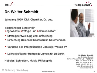 Dr. Walter Schmidt ©  Friedag / Schmidt  2011 Strategieentwicklung und -umsetzung Einführung Balanced Scorecard in Unternehmen Vorstand des Internationalen Controller Verein eV Lehrbeauftragter Humboldt Universität zu Berlin Hobbies: Schreiben, Musik, Philosophie  Dr. Walter Schmidt   ask Dr. Walter Schmidt Schopenhauerstr. 93 k, D 14125 Berlin  Fon  +49  30  64 84 96 26 Fax  +49  30  64 84 96 27 Mobil  +49 172 318 40 11 walter @  ask-schmidt.de www.ask-schmidt.de Jahrgang 1950, Dipl. Chemiker, Dr. oec. selbständiger Berater für  a ngewandte  s trategie und  k ommunikation: 01 Einführung / Vorstellung 