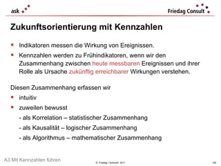 Zukunftsorientierung mit Kennzahlen ©  Friedag / Schmidt  2011 Indikatoren messen die Wirkung von Ereignissen.  Kennzahlen werden zu Frühindikatoren, wenn wir den Zusammenhang zwischen  heute messbaren  Ereignissen und ihrer Rolle als Ursache  zukünftig erreichbarer   Wirkungen verstehen.  Diesen Zusammenhang erfassen wir intuitiv zuweilen bewusst  - als Korrelation – statistischer Zusammenhang - als Kausalität – logischer Zusammenhang - als Algorithmus – mathematischer Zusammenhang A3 Mit Kennzahlen führen 