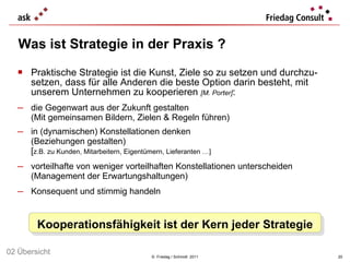©  Friedag / Schmidt  2011 Praktische Strategie ist die Kunst, Ziele so zu setzen und durchzu-setzen, dass für alle Anderen die beste Option darin besteht, mit unserem Unternehmen zu kooperieren  [M. Porter] : die Gegenwart aus der Zukunft gestalten (Mit gemeinsamen Bildern, Zielen & Regeln führen) in (dynamischen) Konstellationen denken (Beziehungen gestalten) [ z.B. zu Kunden, Mitarbeitern, Eigentümern, Lieferanten …] vorteilhafte von weniger vorteilhaften Konstellationen unterscheiden (Management der Erwartungshaltungen) Konsequent und stimmig handeln Was ist Strategie in der Praxis ? Kooperationsfähigkeit ist der Kern jeder Strategie 02 Übersicht 