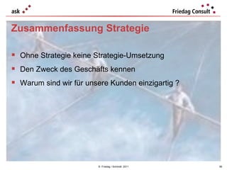 ©  Friedag / Schmidt  2011 Zusammenfassung Strategie Ohne Strategie keine Strategie-Umsetzung Den Zweck des Geschäfts kennen Warum sind wir für unsere Kunden einzigartig ? 