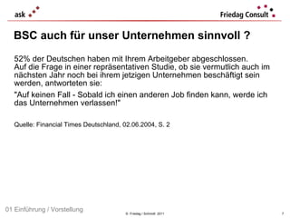 52% der Deutschen haben mit Ihrem Arbeitgeber abgeschlossen.  Auf die Frage in einer repräsentativen Studie, ob sie vermutlich auch im nächsten Jahr noch bei ihrem jetzigen Unternehmen beschäftigt sein werden, antworteten sie:  "Auf keinen Fall - Sobald ich einen anderen Job finden kann, werde ich das Unternehmen verlassen!" Quelle: Financial Times Deutschland, 02.06.2004, S. 2 BSC auch für unser Unternehmen sinnvoll ?  ©  Friedag / Schmidt  2011 01 Einführung / Vorstellung 