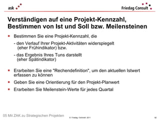 Verständigen auf eine Projekt-Kennzahl,  Bestimmen von Ist und Soll bzw. Meilensteinen ©  Friedag / Schmidt  2011 Bestimmen Sie eine Projekt-Kennzahl, die   - den Verlauf Ihrer Projekt-Aktivitäten widerspiegelt   (eher Frühindikator) bzw. - das Ergebnis Ihres Tuns darstellt   (eher Spätindikator)   Erarbeiten Sie eine "Rechendefinition", um den aktuellen Istwert erfassen zu können Geben Sie eine Orientierung für den Projekt-Planwert Erarbeiten Sie Meilenstein-Werte für jedes Quartal 05 Mit ZAK zu Strategischen Projekten 