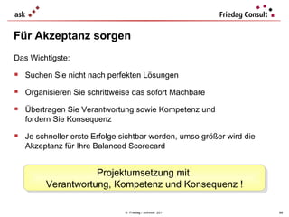 Für Akzeptanz sorgen ©  Friedag / Schmidt  2011 Das Wichtigste:  Suchen Sie nicht nach perfekten Lösungen Organisieren Sie schrittweise das sofort Machbare Übertragen Sie Verantwortung sowie Kompetenz und  fordern Sie Konsequenz Je schneller erste Erfolge sichtbar werden, umso größer wird die Akzeptanz für Ihre Balanced Scorecard Projektumsetzung mit  Verantwortung, Kompetenz und Konsequenz ! 