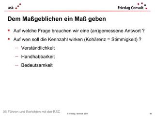 Dem Maßgeblichen ein Maß geben ©  Friedag / Schmidt  2011 Auf welche Frage brauchen wir eine (an)gemessene Antwort ? Auf wen soll die Kennzahl wirken (Kohärenz = Stimmigkeit) ? Verständlichkeit  Handhabbarkeit Bedeutsamkeit 06 Führen und Berichten mit der BSC 
