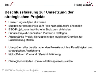Beschlussfassung zur Umsetzung der
  strategischen Projekte
     Umsetzungszeitplan skizzieren
     Budgets für das nächste Jahr / die nächsten Jahre andenken
     BSC-Projektverantwortliche in Strukturen einbinden
     Für alle Projekt-Kennzahlen Planwerte festlegen
     Ausgewählte Projekt-Konzepte in den jeweiligen Gremien zur
      Entscheidung stellen

   Überprüfen aller bereits laufenden Projekte auf ihre Passfähigkeit zur
      strategischen Ausrichtung
     Kick-off durch Vorstand / Geschäftsführung

   Strategieorientierten Kommunikationsprozess starten

05 Mit ZAK zu Strategischen Projekten   © Friedag / Schmidt 2012             104
 