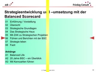 Strategieentwicklung und –umsetzung mit der
Balanced Scorecard
01   Einführung / Vorstellung
02   Übersicht
03   Strategische Grundlagen
04   Das Strategische Haus
05   Mit ZAK zu Strategischen Projekten
06   Führen und Berichten mit der BSC
07   Strategie leben
08   Fazit

Anhänge
A1 Balanced Life
A2 20 Jahre BSC – ein Überblick
A3 Mit Kennzahlen führen


                                  © Friedag / Schmidt 2012   109
 