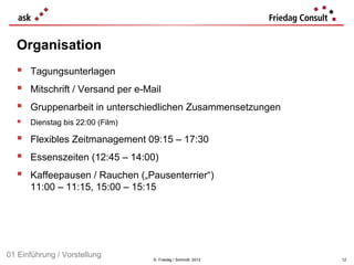 Organisation
   Tagungsunterlagen
   Mitschrift / Versand per e-Mail
   Gruppenarbeit in unterschiedlichen Zusammensetzungen
   Dienstag bis 22:00 (Film)
   Flexibles Zeitmanagement 09:15 – 17:30
   Essenszeiten (12:45 – 14:00)
   Kaffeepausen / Rauchen („Pausenterrier“)
      11:00 – 11:15, 15:00 – 15:15




01 Einführung / Vorstellung      © Friedag / Schmidt 2012   12
 