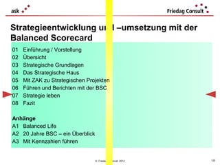 Strategieentwicklung und –umsetzung mit der
Balanced Scorecard
01   Einführung / Vorstellung
02   Übersicht
03   Strategische Grundlagen
04   Das Strategische Haus
05   Mit ZAK zu Strategischen Projekten
06   Führen und Berichten mit der BSC
07   Strategie leben
08   Fazit

Anhänge
A1 Balanced Life
A2 20 Jahre BSC – ein Überblick
A3 Mit Kennzahlen führen


                                  © Friedag / Schmidt 2012   120
 