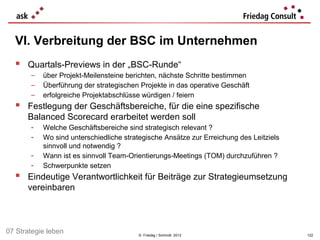 VI. Verbreitung der BSC im Unternehmen
   Quartals-Previews in der „BSC-Runde“
       −   über Projekt-Meilensteine berichten, nächste Schritte bestimmen
       −   Überführung der strategischen Projekte in das operative Geschäft
       −   erfolgreiche Projektabschlüsse würdigen / feiern
   Festlegung der Geschäftsbereiche, für die eine spezifische
      Balanced Scorecard erarbeitet werden soll
       -   Welche Geschäftsbereiche sind strategisch relevant ?
       -   Wo sind unterschiedliche strategische Ansätze zur Erreichung des Leitziels
           sinnvoll und notwendig ?
       -   Wann ist es sinnvoll Team-Orientierungs-Meetings (TOM) durchzuführen ?
       -   Schwerpunkte setzen
   Eindeutige Verantwortlichkeit für Beiträge zur Strategieumsetzung
      vereinbaren



07 Strategie leben                      © Friedag / Schmidt 2012                        122
 