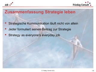 Zusammenfassung Strategie leben

 Strategische Kommunikation läuft nicht von allein
 Jeder formuliert seinen Beitrag zur Strategie
 Strategy as everyone‘s everyday job




                         © Friedag / Schmidt 2012     132
 