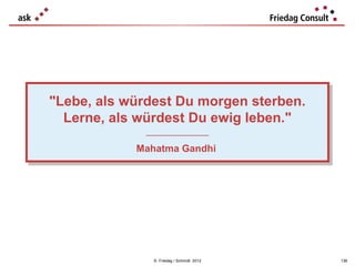 "Lebe, als würdest Du morgen sterben.
"Lebe, als würdest Du morgen sterben.
  Lerne, als würdest Du ewig leben."
  Lerne, als würdest Du ewig leben."
             ___________________
              ___________________

            Mahatma Gandhi
            Mahatma Gandhi




               © Friedag / Schmidt 2012   136
 