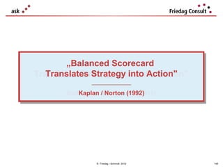 „Balanced Scorecard
        „Balanced Scorecard
   Translates Strategy into Action"
Translates Strategy into Satisfaction"
   Translates Strategy into Action"
Translates Strategy into Satisfaction"
              ___________________
               ___________________

          Kaplan //Norton (1992)
       Süddeutscher Vorstand (2011)
           Kaplan Norton (1992)
       Süddeutscher Vorstand (2011)




                © Friedag / Schmidt 2012   145
 