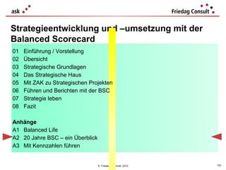 Strategieentwicklung und –umsetzung mit der
Balanced Scorecard
01   Einführung / Vorstellung
02   Übersicht
03   Strategische Grundlagen
04   Das Strategische Haus
05   Mit ZAK zu Strategischen Projekten
06   Führen und Berichten mit der BSC
07   Strategie leben
08   Fazit

Anhänge
A1 Balanced Life
A2 20 Jahre BSC – ein Überblick
A3 Mit Kennzahlen führen


                                  © Friedag / Schmidt 2012   153
 