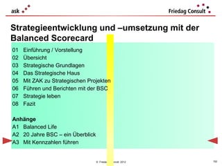 Strategieentwicklung und –umsetzung mit der
Balanced Scorecard
01   Einführung / Vorstellung
02   Übersicht
03   Strategische Grundlagen
04   Das Strategische Haus
05   Mit ZAK zu Strategischen Projekten
06   Führen und Berichten mit der BSC
07   Strategie leben
08   Fazit

Anhänge
A1 Balanced Life
A2 20 Jahre BSC – ein Überblick
A3 Mit Kennzahlen führen


                                  © Friedag / Schmidt 2012   162
 