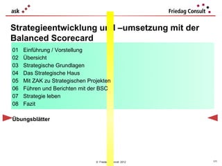 Strategieentwicklung und –umsetzung mit der
Balanced Scorecard
01   Einführung / Vorstellung
02   Übersicht
03   Strategische Grundlagen
04   Das Strategische Haus
05   Mit ZAK zu Strategischen Projekten
06   Führen und Berichten mit der BSC
07   Strategie leben
08   Fazit

Übungsblätter




                                 © Friedag / Schmidt 2012   171
 