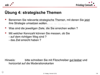 Übung 4: strategische Themen
     Benennen Sie relevante strategische Themen, mit denen Sie jetzt
       ihre Strategie umsetzen wollen.
     Was sind die jeweiligen Ziele, die Sie erreichen wollen ?
     Mit welcher Kennzahl können Sie messen, ob Sie
       - auf dem richtigen Weg sind ?
       - das Ziel erreicht haben ?




    Hinweis:        bitte schreiben Sie mit Filzschreiber gut lesbar und
       horizontal auf die Moderationskarten


Ü                                  © Friedag / Schmidt 2012                176
 