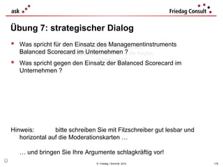 Übung 7: strategischer Dialog
     Was spricht für den Einsatz des Managementinstruments
       Balanced Scorecard im Unternehmen ?
     Was spricht gegen den Einsatz der Balanced Scorecard im
       Unternehmen ?




    Hinweis:        bitte schreiben Sie mit Filzschreiber gut lesbar und
       horizontal auf die Moderationskarten …

       … und bringen Sie Ihre Argumente schlagkräftig vor!
Ü                                  © Friedag / Schmidt 2012                179
 