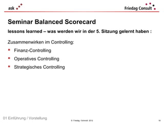 Seminar Balanced Scorecard
  lessons learned – was werden wir in der 5. Sitzung gelernt haben :

  Zusammenwirken im Controlling:
   Finanz-Controlling
   Operatives Controlling
   Strategisches Controlling




01 Einführung / Vorstellung     © Friedag / Schmidt 2012               18
 